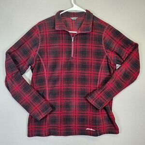 Eddie‎ Bauer Womens Plaid Quarter Zip Fleece Pullover Top Red Black Medium
